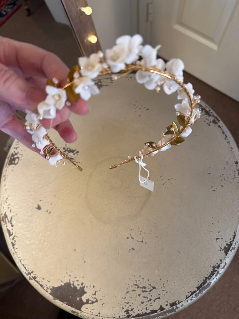 SEREFINA Enamel Gold and Pearl Headband with Ivory flowers BHLDN